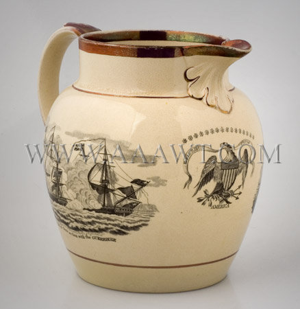 Creamware Jug...buff ground
Luster trim on rim and spout, black transfer
'Second View Of Com. Perry's Victory'
'The Constitution in close action with the Guerriere'
Eagle With Shield Beneath 16-Stars Above 'America', entire view